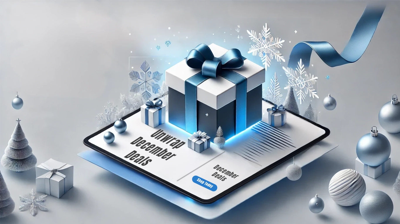 Holiday-themed image with gift boxes, snowflakes, and ribbons promoting social media tools.